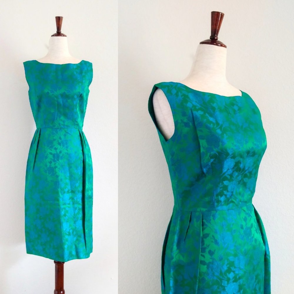 50s Vintage Handmade Emerald Green & Blue Brocade Wiggle Dress